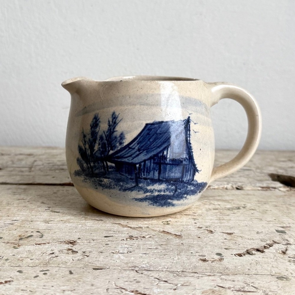 Vintage R Storie Pottery Marshall TX Stoneware Creamer Blue Barn Hand Painted